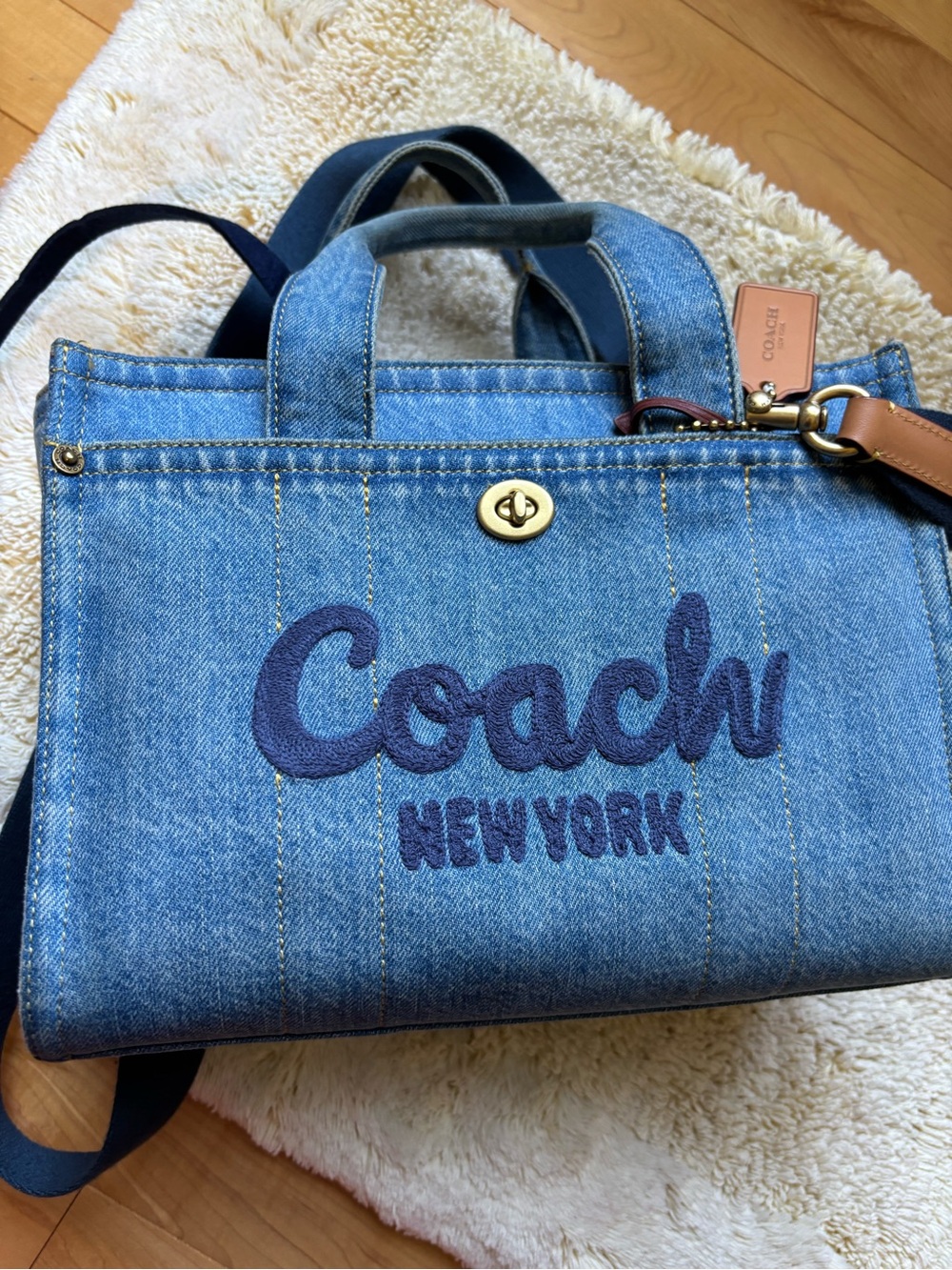 Coach Blue Denim Tote with Navy Logo and Tan Tag - Picture 6 of 9